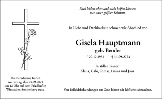 Traueranzeige von Gisela Hauptmann von Wiesbadener Kurier