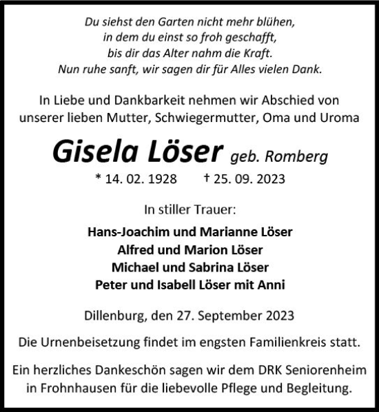Traueranzeige von Gisela Löser von Dill Block