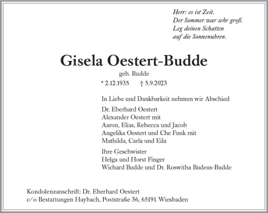 Traueranzeige von Gisela  Oestert-Budde von Wiesbadener Kurier