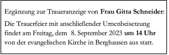 Traueranzeige von Gitta Schneider von Wetzlarer Neue Zeitung