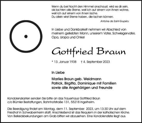 Traueranzeige von Gottfried Braun von Allgemeine Zeitung Bingen/Ingelheim