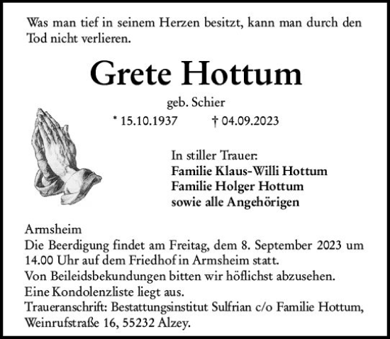 Traueranzeige von Grete Hottum von Allgemeine Zeitung Alzey