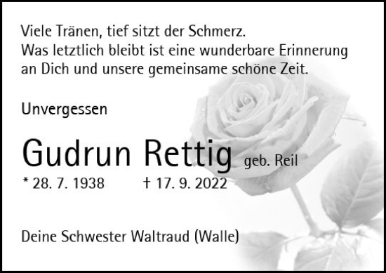 Traueranzeige von Gudrun Rettig von Odenwälder Echo