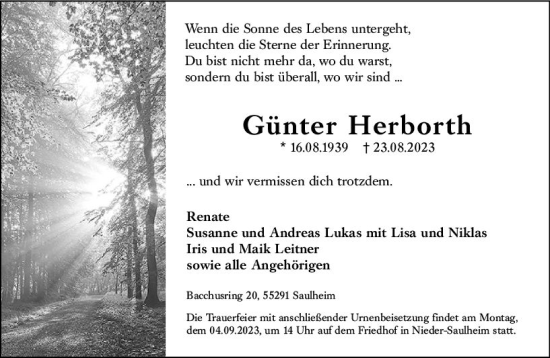 Traueranzeige von Günter Herborth von Allgemeine Zeitung Alzey