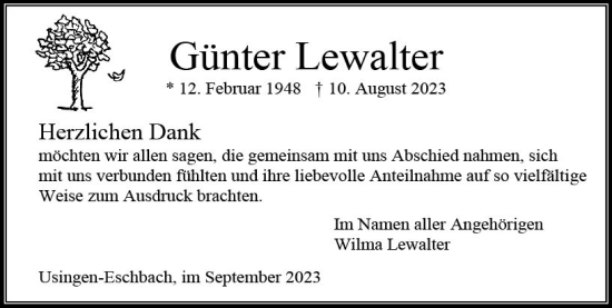 Traueranzeige von Günter Lewalter von Weilburger Tageblatt