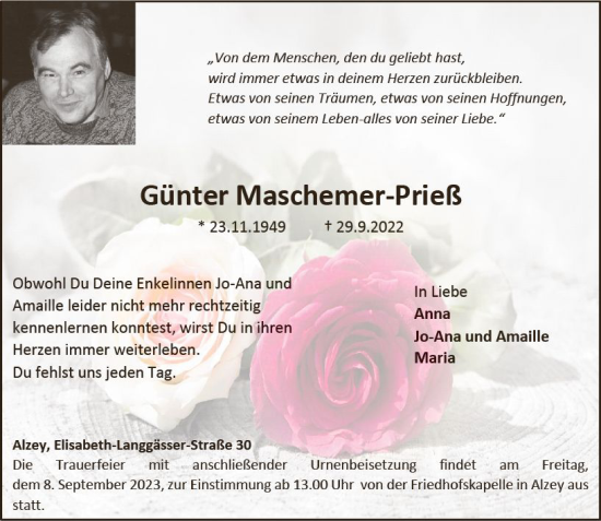 Traueranzeige von Günter Maschemer-Prieß von Allgemeine Zeitung Alzey