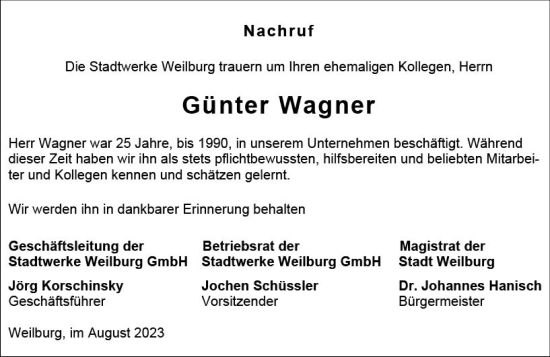 Traueranzeige von Günter Wagner von Weilburger Tageblatt