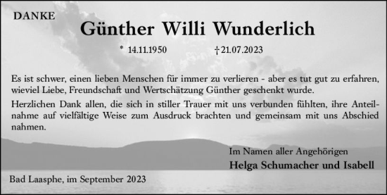 Traueranzeige von Günther Willi Wunderlich von Hinterländer Anzeiger