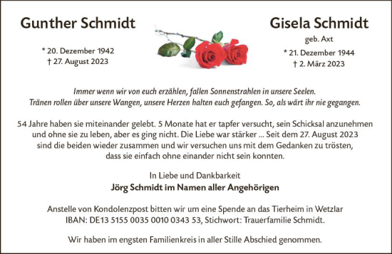 Traueranzeige von Gunther und Gisela Schmidt von Wetzlarer Neue Zeitung