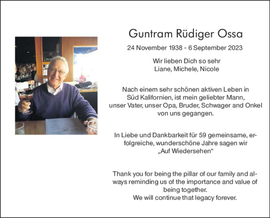 Traueranzeige von Guntram Rüdiger Ossa von Wiesbadener Kurier