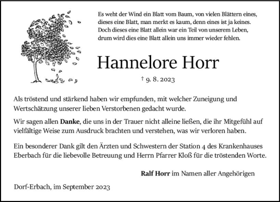 Traueranzeige von Hannelore Horr von Odenwälder Echo
