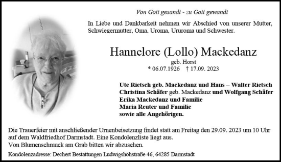 Traueranzeige von Hannelore Mackedanz von Darmstädter Echo
