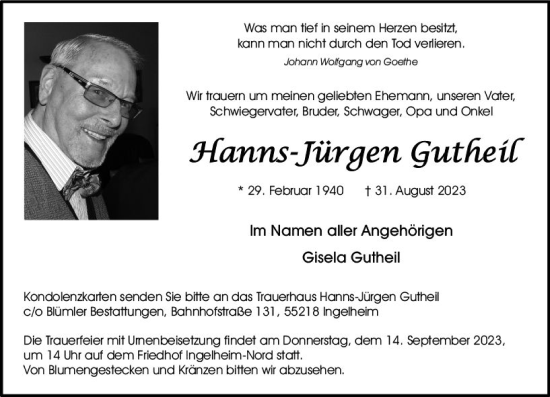 Traueranzeige von Hanns-Jürgen Gutheil von Allgemeine Zeitung Bingen/Ingelheim