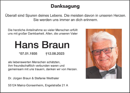 Traueranzeige von Hans Braun von Allgemeine Zeitung Mainz