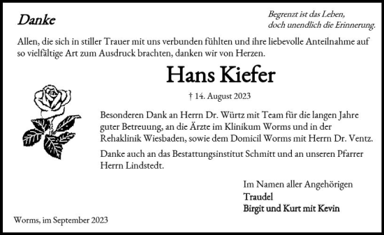 Traueranzeige von Hans Kiefer von Wormser Zeitung