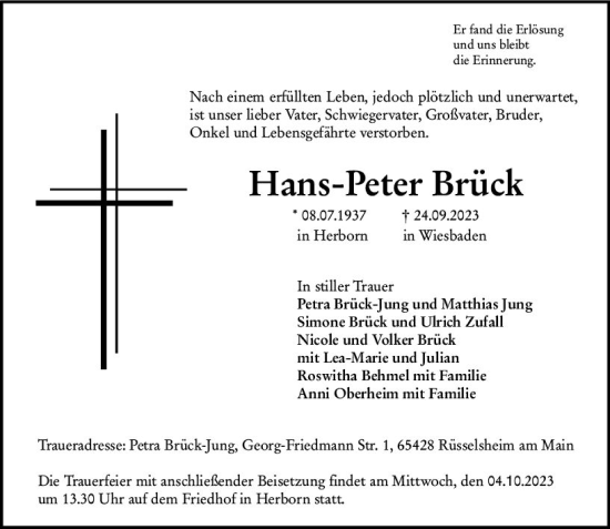Traueranzeige von Hans-Peter  Brück von Dill Block