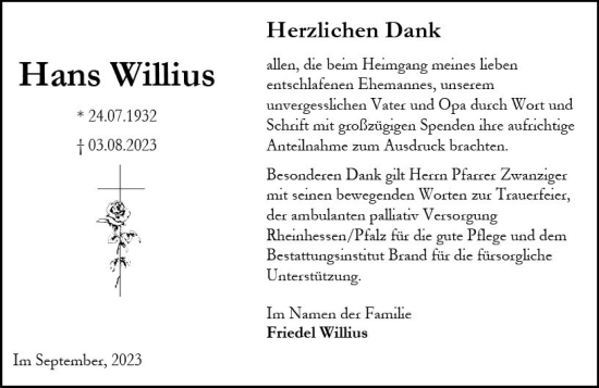 Traueranzeige von Hans Willius von Allgemeine Zeitung Alzey