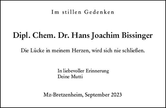 Traueranzeige von Hans Joachim Bissinger von Allgemeine Zeitung Mainz
