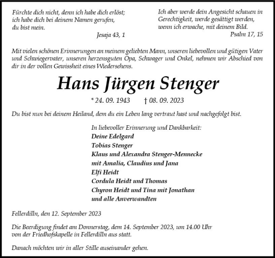 Traueranzeige von Hans Jürgen Stenger von Dill Block