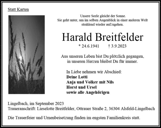 Traueranzeige von Harald Breitfelder von Oberhessen Kurier
