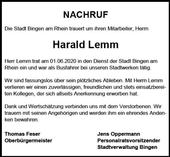 Traueranzeige von Harald Lemm von Bingen/Ingelheim WOBL inkl. Neue Binger Ztg.