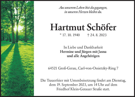 Traueranzeige von Hartmut Schöfer von Groß-Gerauer Echo