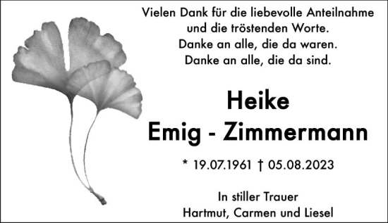 Traueranzeige von Heike Emig-Zimmermann von Darmstädter Echo