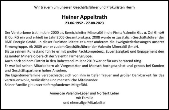 Traueranzeige von Heiner Appeltrath von Allgemeine Zeitung Mainz