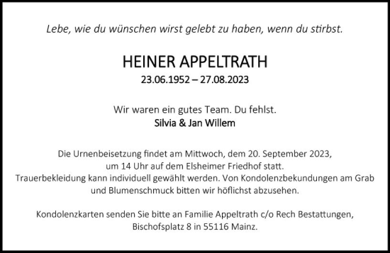 Traueranzeige von Heiner Appeltrath von Allgemeine Zeitung Mainz