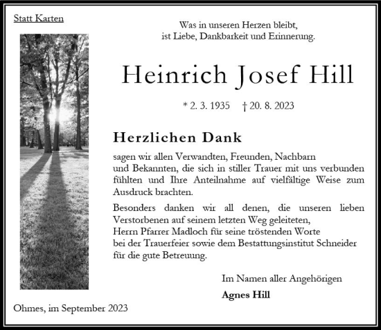 Traueranzeige von Heinrich Josef Hill von Oberhessen Kurier