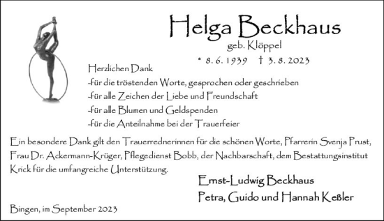 Traueranzeige von Helga Beckhaus von Allgemeine Zeitung Bingen/Ingelheim