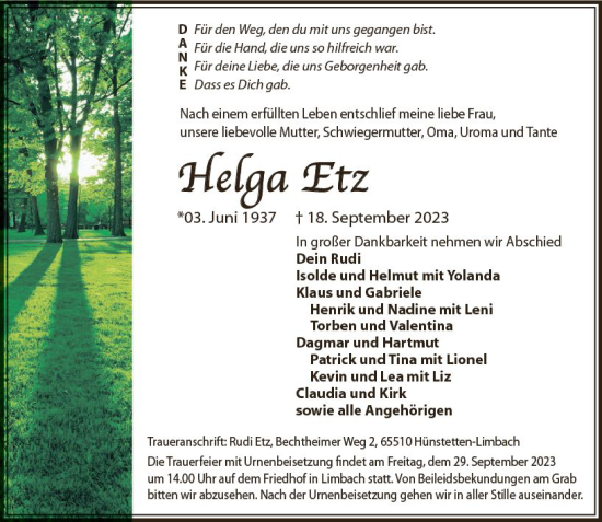Traueranzeige von Helga Etz von Idsteiner Land/Untertaunus