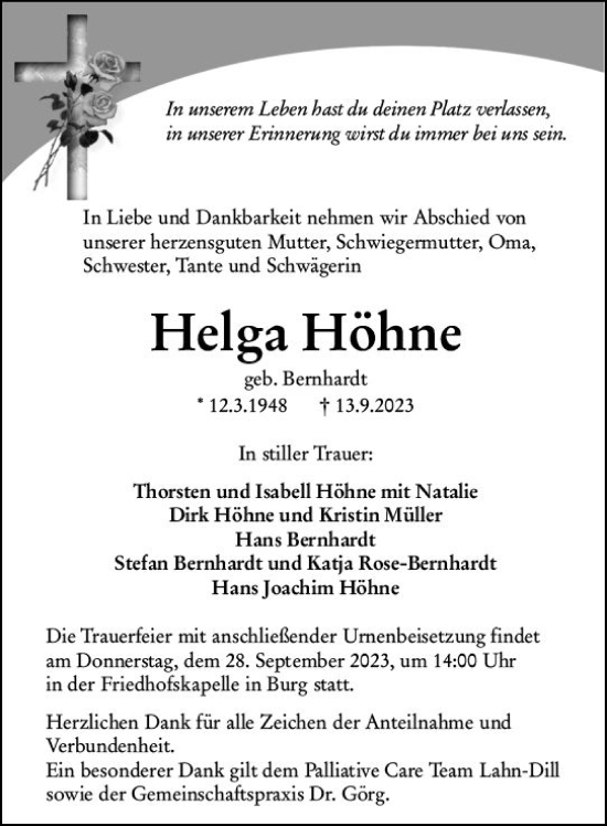 Traueranzeige von Helga Höhne von Dill Block