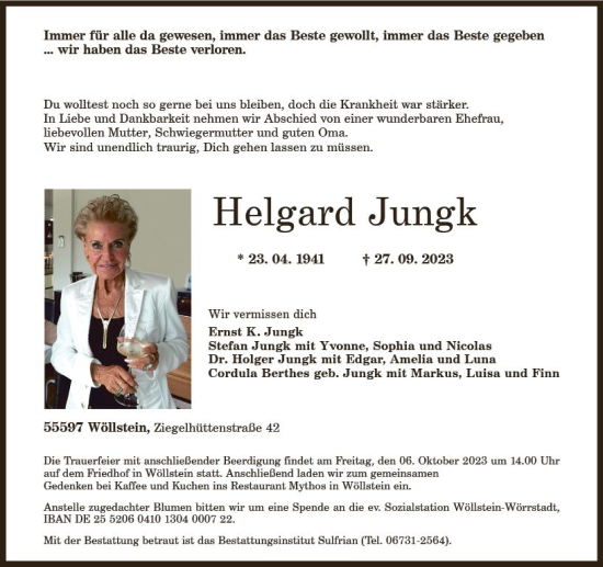 Traueranzeige von Helgard Jungk von Allgemeine Zeitung Bad Kreuznach