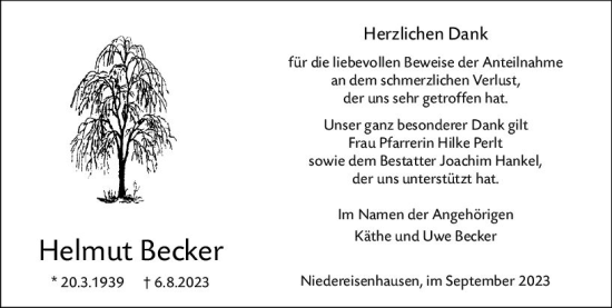Traueranzeige von Helmut Becker von Hinterländer Anzeiger