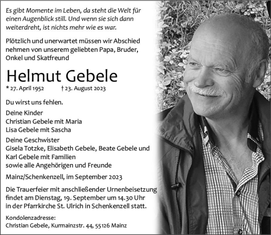 Traueranzeige von Helmut Gebele von Allgemeine Zeitung Mainz