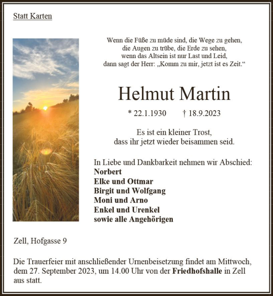 Traueranzeige von Helmut Martin von VRM Trauer