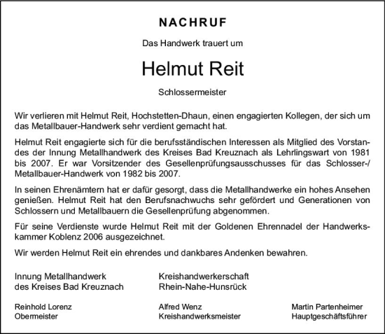 Traueranzeige von Helmut Reit von Allgemeine Zeitung Bad Kreuznach