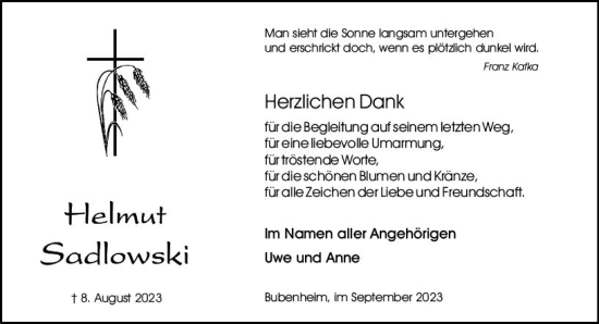 Traueranzeige von Helmut Sadlowski von Allgemeine Zeitung Bingen/Ingelheim