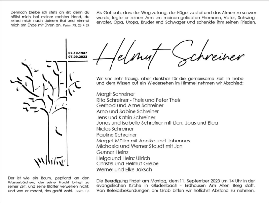 Traueranzeige von Helmut Schreiner von Hinterländer Anzeiger