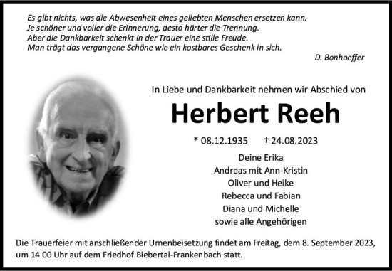Traueranzeige von Herbert Reeh von Wetzlarer Neue Zeitung