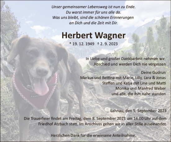 Traueranzeige von Herbert Wagner von Wetzlarer Neue Zeitung