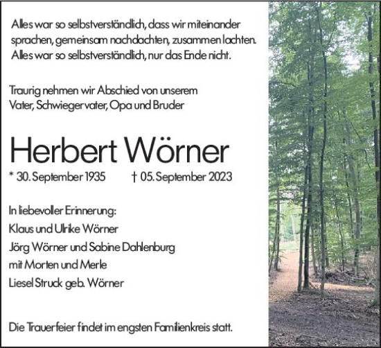 Traueranzeige von Herbert Wörner von Wiesbadener Kurier