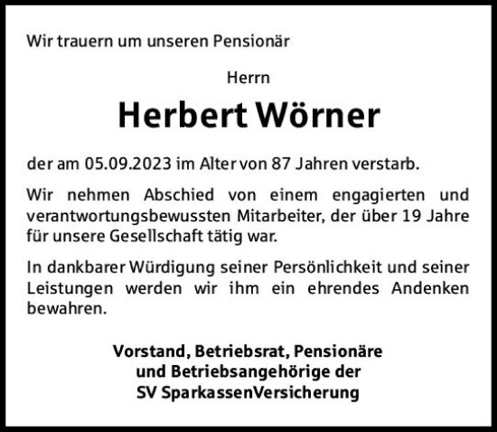 Traueranzeige von Herbert Wörner von Wiesbadener Kurier
