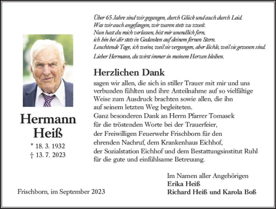 Traueranzeige von Hermann Heiß von Oberhessen Kurier