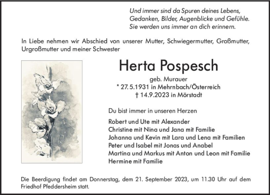 Traueranzeige von Herta Pospesch von Wormser Zeitung