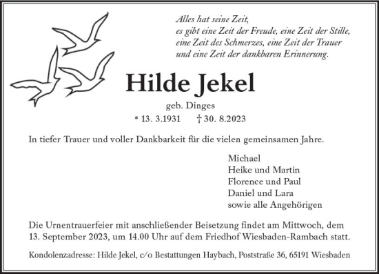 Traueranzeige von Hilde Jekel von Wiesbadener Kurier