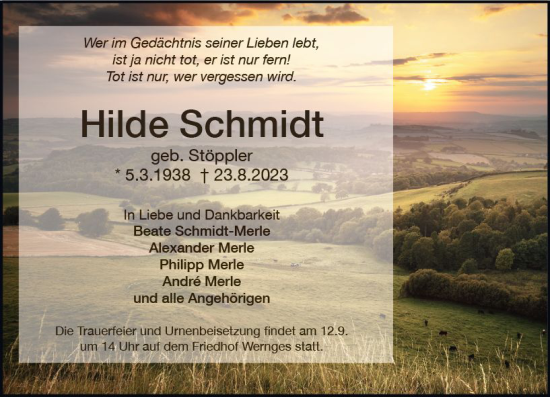 Traueranzeige von Hilde Schmidt von VRM Trauer