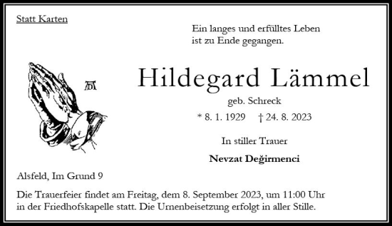 Traueranzeige von Hildegard Lämmel von Oberhessen Kurier