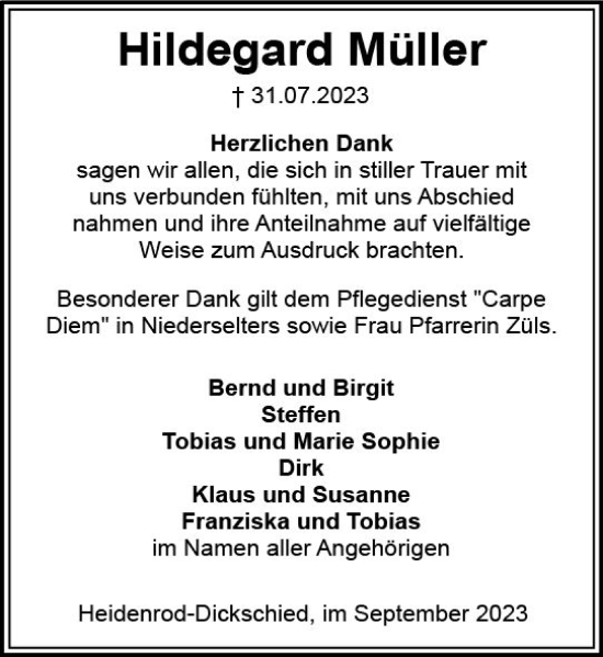 Traueranzeige von Hildegard Müller von Wiesbadener Kurier